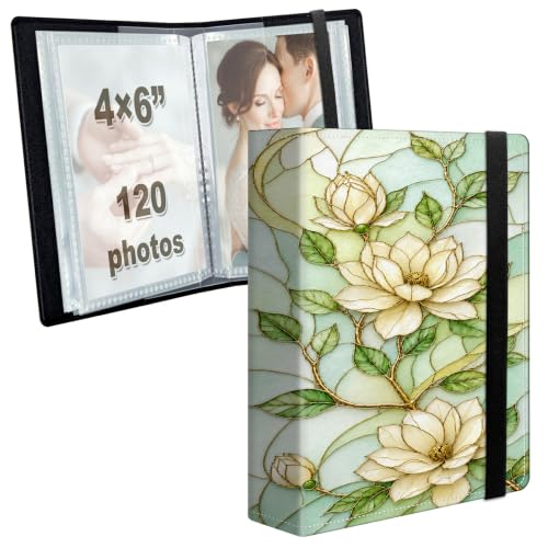 Image of Photo Album 4x6 120 Photos with Strong Elastic Band, Stained Glass Magnolia | Large Capacity Premium Leather Picture Album, Portable Wallet Albums Photo Book for Family Anniversaries Wedding Baby