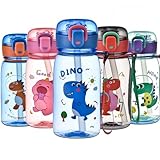 MHwan Trinkflasche Kinder, 400ml Robuste und Bruchsichere, Süßer Dinosaurier Trinkflasche Auslaufsicher mit Strohhalm, BPA-Frei, Tragbare Kinder Wasserflasche Geeignet für Schule Reisen