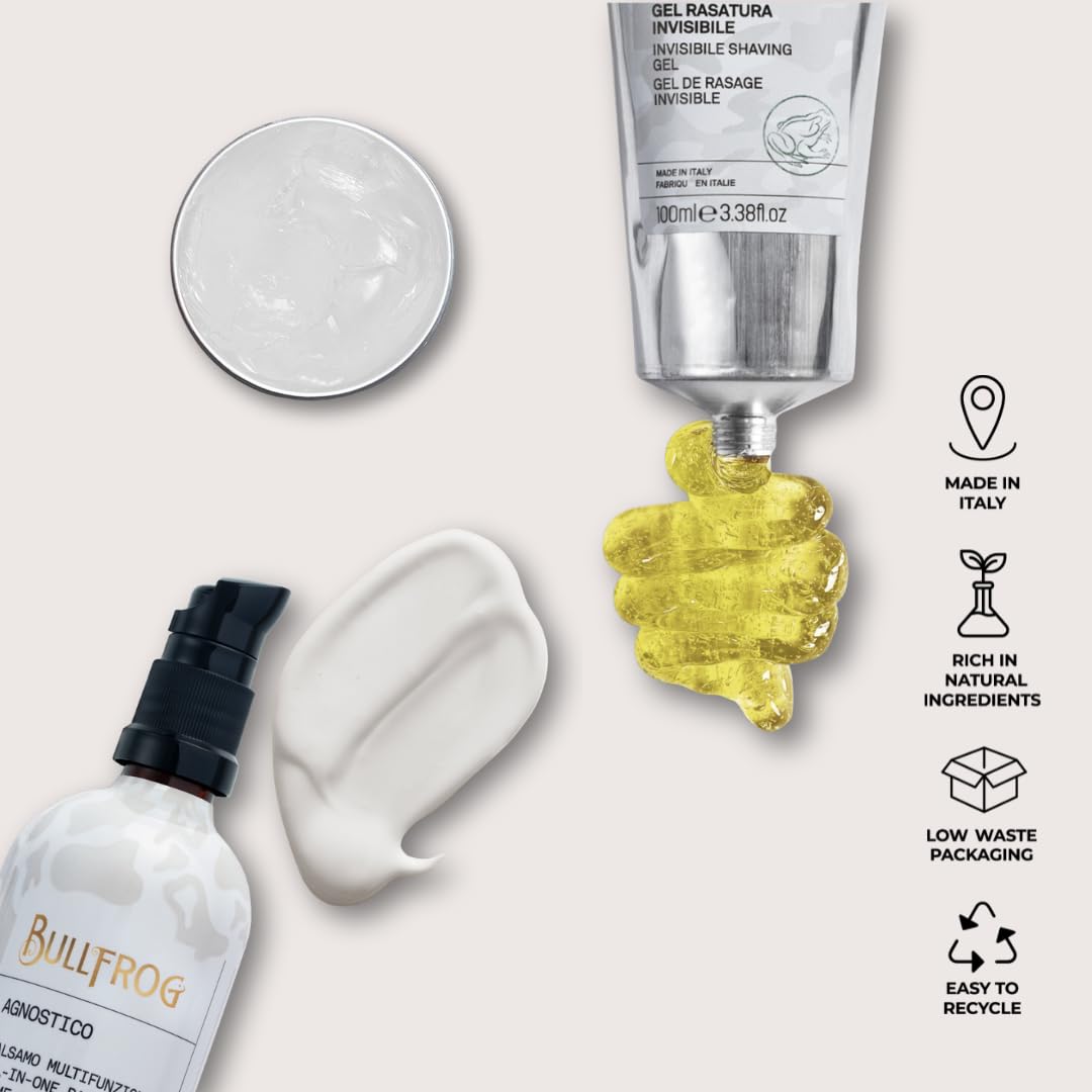 Bullfrog - Kit The Legendary One Idrata e Definisci 3 in 1, Limited Edition, Agnostico Balsamo Multifunzione Originale 100ml, Gel Rasatura Invisibile 100ml e Gel Styling Invisibile 50ml