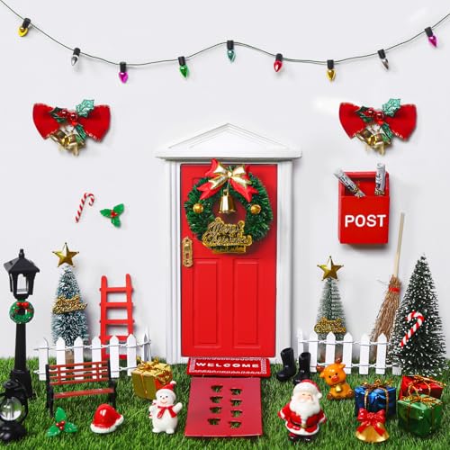 Celltestria 39pcs Red Christmas Elf Fairy Door Decorations Sets Miniature Figures Wooden Doors Santa Claus Snowman Kit for Xmas Mini Dollhouse Accessories House Room Wall Decor