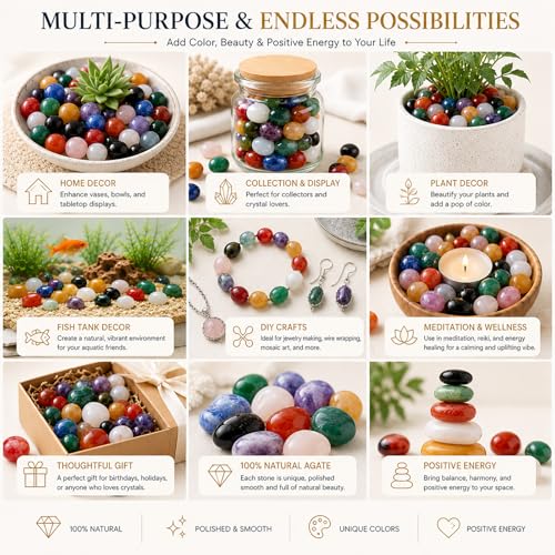Image of Polished Stone Set Colorful Agate Crystals, 0.8 inch Handpicked Tumbled Gemstones Rocks, Pebbles for Reiki, Chakra, Healing, Home Decor