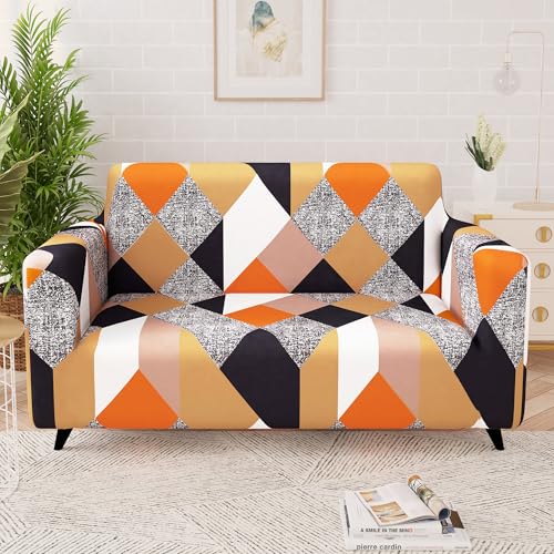 Image of Story@Home Sofa Cover 2 Seater - 145 X 185 Cm | Antislip Sofa Cover Polyester | Orange & Beige Abstract Design Elastic 2 Seater Sofa Cover Stretchable Slipcover | 2 Seater Sofa Cover for Living Room