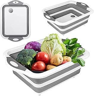 NAUDILIFE Collapsible Camping Chopping Board , with Folding Chopping Board,Multifunction Foldable Siliconewashing Basket, Used for Portable Campervan Accessories for Fruit Vegetable Picnic BBQ