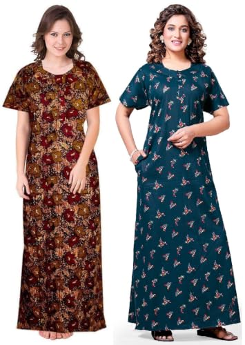 Image of Keyocean Women's Cotton Printed Maxi Nighty, Full Length Night Gown for Women, Comfortable Night Gown and Sleepwear, Free Size, Pack of 2