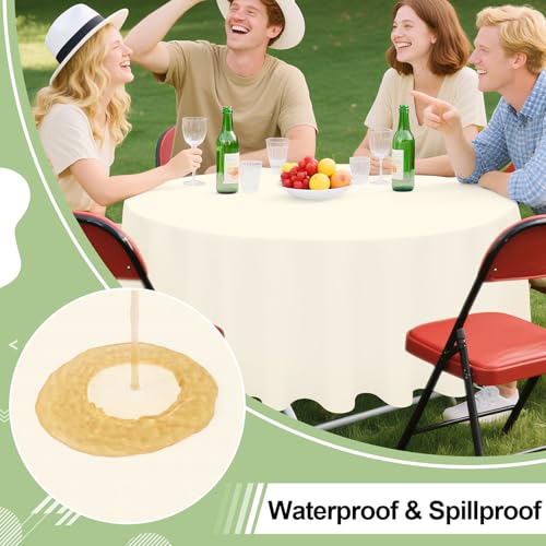 Image of misaya 12 Packs Disposable Plastic Table Cloth, 84 inch Round Waterproof Tablecloth, Leakproof & Sturdy Decorative Table Covers for Picnic, Party and Outdoor, Beige