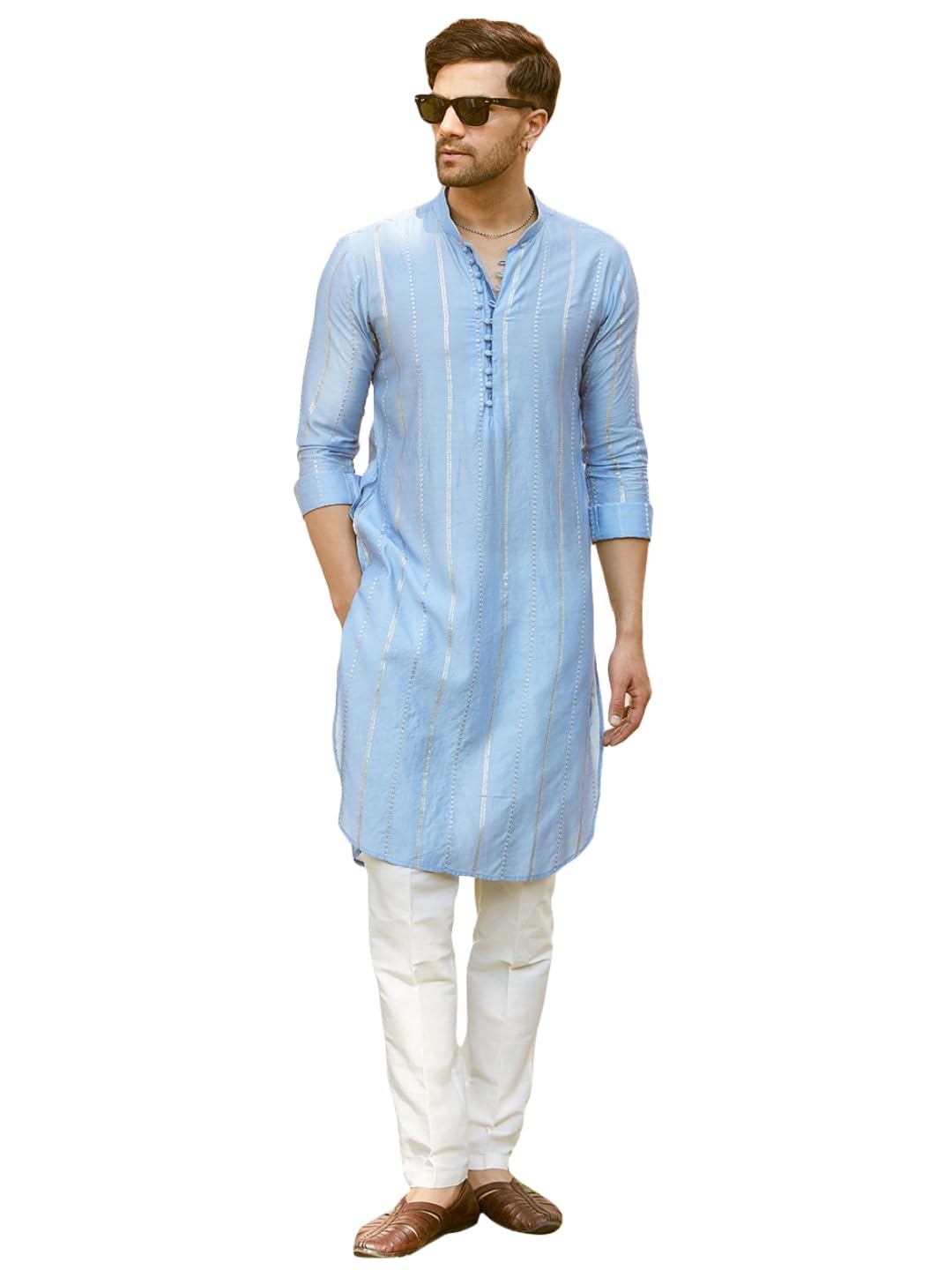 Men Full Sleeve Chanderi Silk Sequins Mandarin Collar Side Slit Kurta With Pyjama