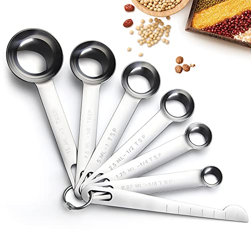 7PCS Cucharas medidoras, 1/8 TSP, 1/4 TSP, 1/2 TSP, 1 TSP, 1/2 TBLS & 1 TBLS, Cucharas medidoras de acero inoxidable con reglas de medición para medir ingredientes líquidos secos para hornear Cover