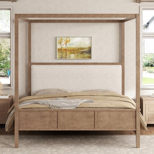 SOFTSEA Queen Size Wood Canopy Bed Frame, Rustic Four Poster Bed with Linen Upholstered Headboard, Wood Slats Support, No Box Spring Needed, Natural