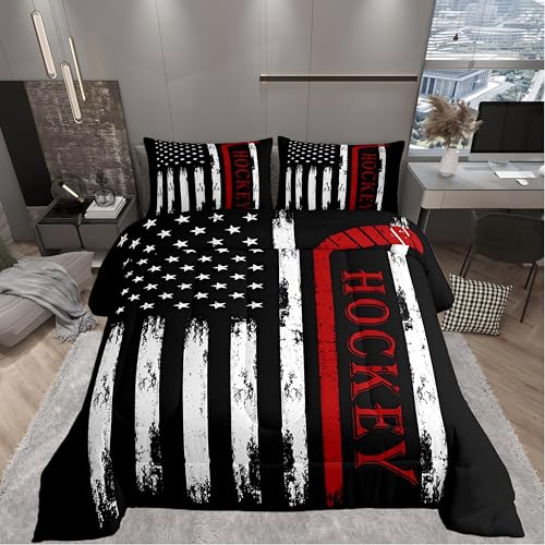 Castle Fairy Hockey Full Size Comforter Set American Flag with Red Hockey Stick Bedding Set for Kids Adults Teens Sports Comforter Luxury Retro Quilt Set Room Decor 3Pcs