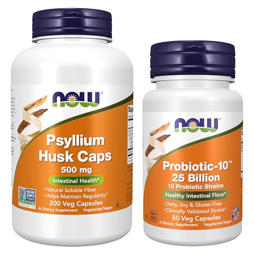 Image of NOW Foods Digestive Health Bundle - Probiotic + Psyllium Husk Supplements | Probiotic-10(TM) 25 Billion CFU for Women & Men 50ct + Psyllium Capsules 200ct - Support Digestion, Gut Health, Regularity*