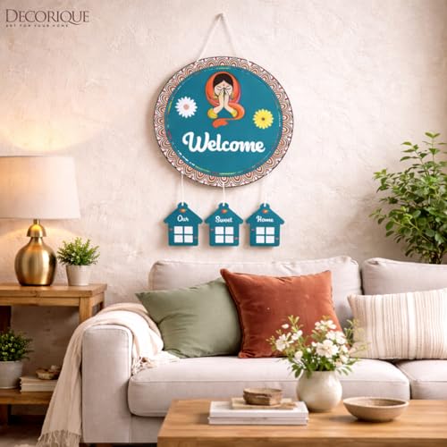 Image of DECORIQUE Wooden Wall Hanging Welcome Sign - Decorative Quote Board for Home, Door, Entrance, Hall & Office - Rustic Wall Art & Housewarming Gift Item