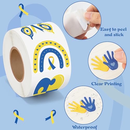 Image of Down Syndrome Stickers Rolls - 1000 Pcs Down Syndrome Awareness Month Waterproof Vinyl Reusable Laptop Stickers Coloring Book Scrapbook Water Bottle Page Activity Pad Party Favors Skateboard