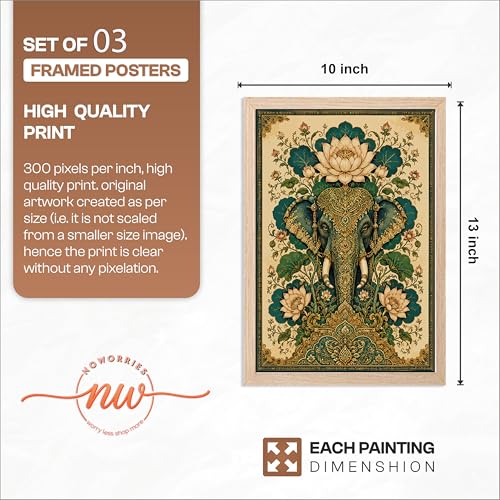 Image of NoWorries Elephant Peacock Wall Art Set of 3 Framed Prints | Indian Traditional Lotus Floral Painting, Royal Palace Arch Poster, Vintage Rajasthani Ethnic Wall Decor for Living Room Bedroom Home (Synthetic Engineered Wooden Frame) (MIN -5, 10x13 inches)