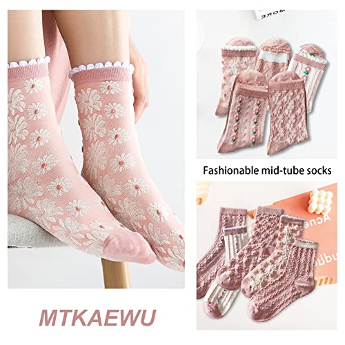 Image of 5 Pack Cute Womens Floral Socks, Vintage Embroidered Frilly Floral Ankle Cotton Cottagecore Socks