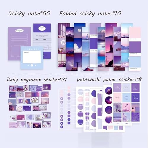 Image of VOTDOT (346Pcs) Paper Junk Journal & Scrapbook Kit, Scrapbooking Supplies Kit with Creative Decor Journaling Supplies, Stationery, Stickers, A6 Grid Notebook with Graph Ruled Page Gift for Girl & Adult (purple moon light)