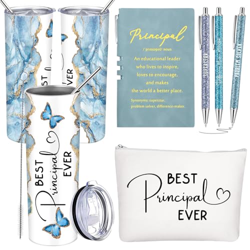 Domensi 6 Pcs End of The Year Gifts for Principal Thank You Gift 20oz Rustic Butterfly Marble Sign Tumbler Makeup Bag Journal for Assistant Principal School Office Birthday Retirement (White)