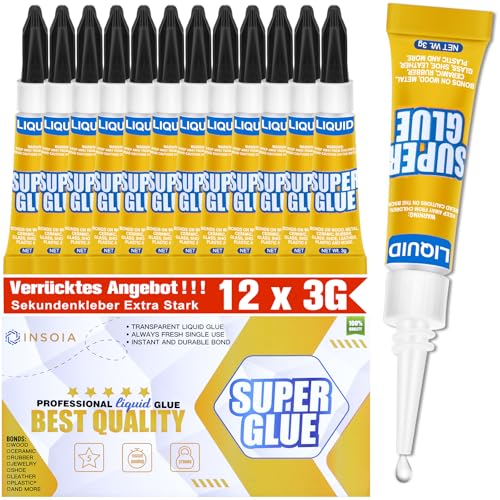 Sekundenkleber Flüssig (12er-Pack x 3g) extra stark & wasserfest Superkleber für schnelle flexible Sofortreparaturen transparent kontakt Kleber für Kunststoff Holz Porzellan Glasuvm.