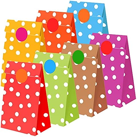 Paper Bags, 40 Pcs Coloured Sweets Candy Gift Paper Bag with Stickers for Party Celebrations, Polka Dot Kraft Paper Grocery Treat Food Bags for Kids Birthday, Baby Shower, Christmas, 13 x 8 x 24 CM Cover