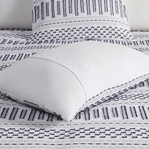 Image of INK+IVY Luxurious Cotton-Bedding Set - Mid Century Trendy Geometric Design, All Season Cozy-Cover With Matching-Shams, Full /Queen, Rhea Jacquard White /Navy