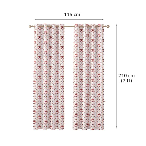 Image of Amazon Basics - Leaf Print Light Filtering Curtains | 100% Cotton 150 TC | Set of 2 | 7 Feet | 115 x 210 cm | Maroon | Eyelets & Tiebacks| Ideal for Bedroom and Living Room