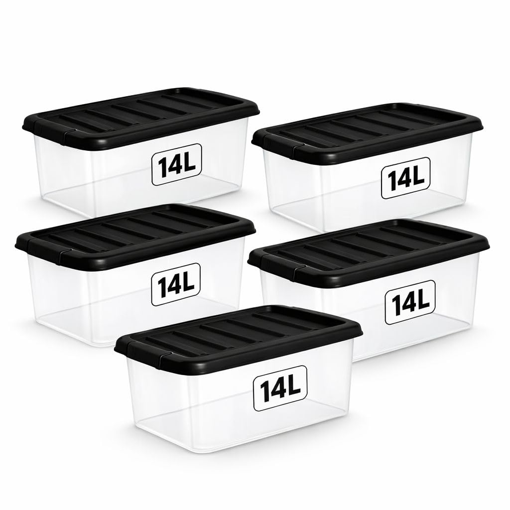 1ABOVE 5 Pack 14L Clear Plastic Storage Boxes with Black Lids – Strong BPA-Free Stackable & Nestable Storage Containers for Home, Office, Kitchen & Garage