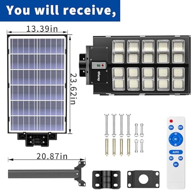 Ofuray Of-6000W Solar Street Lights Outdoor,400000Lm Solar Streets Light Parking Lot Lights Commercial Dusk to Dawn, 6500k Waterproof Led with Remote Control Motion for Street,Court,Barn
