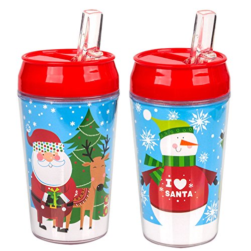 Set of 2 Holiday Themed Double Wall Plastic Tumblers with Flip-up Straws (Winter Wonderland)