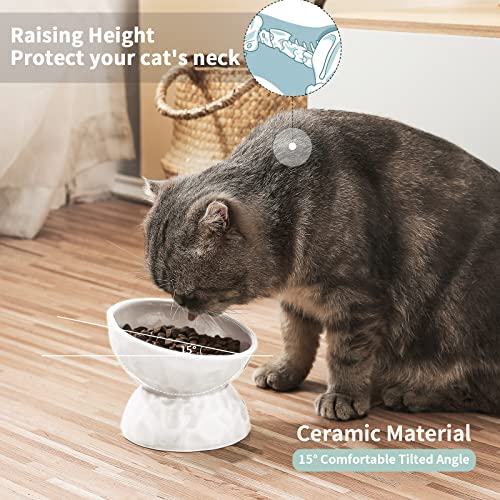 Ceramic Raised Cat Bowls, Tilted Elevated Cat Food And Water Bowls Set, Porcelain Stress Free Pet Feeder Bowl Dish For Cats And Small Dogs, Dishwasher And Microwave Safe, White & White, Set Of 2 #TOP3