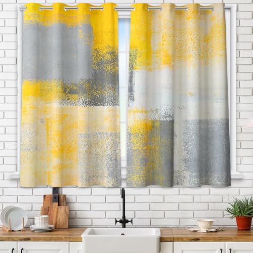 Image of Yellow Window Curtain Yellow Grey Abstract Thermal Insulating Drapes Rust Art Treatment Drapes Modern Curtains for Living Room Bedroom Hotel, 26 inch x 36 inch, 2 Panels