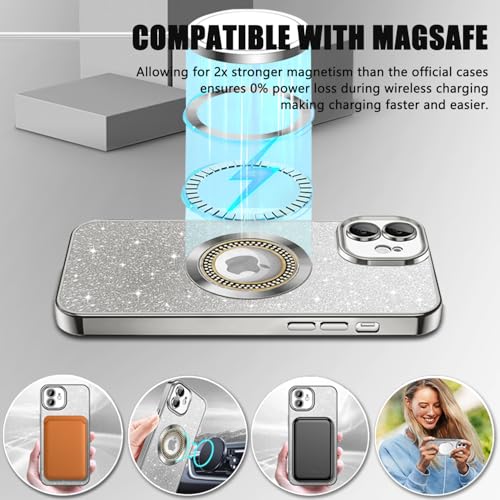 Image of Misscase for iPhone 12 Magnetic Glitter Case Compatible with MagSafe,Full Protection Slim Shockproof Anti-Scratch Case with Camera Lens Protector Logo View Dust-Proof Net for Women Silver