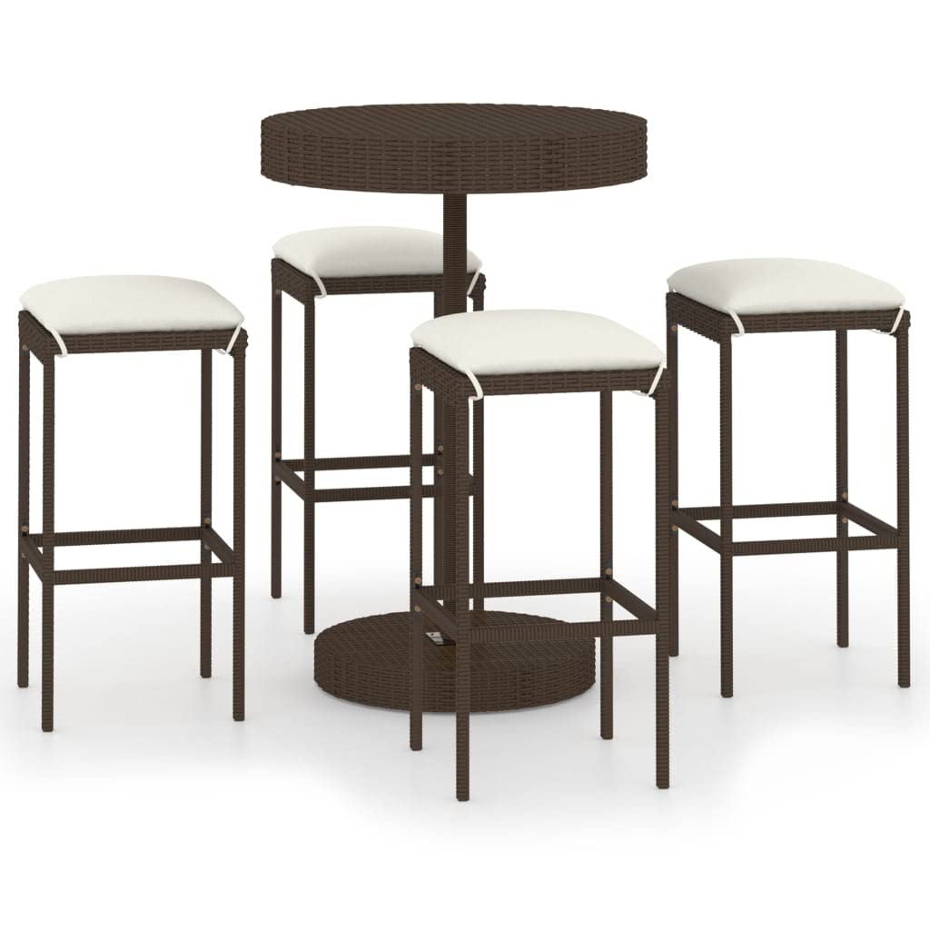 Set Bar da Giardino 5 pz Tavolo e 4 Sgabelli Polyrattan Marrone | Mobili alti per terrazzo e giardino con cuscini sfoderabili e poggiapiedi integrato per aperitivi all'aperto.