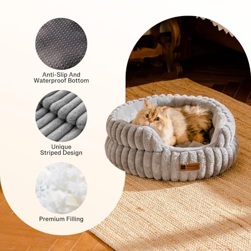 MEWOOFUN Stilvolle Katzenbetten für Katzen, weiches rundes Hundebett für kleine und mittelgroße Hunde, waschbares, beruhigendes Haustierbett (Grau, M)