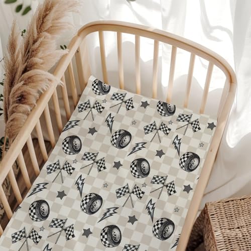 Image of Cute Race Car Flag Black and White Plaid Fitted Baby Crib Sheet for Boys Girls 28"x52" Breathable Tire Stars Checkered Vehicles Baby Sheet for Standard Crib and Toddler Mattress Bed Sheet