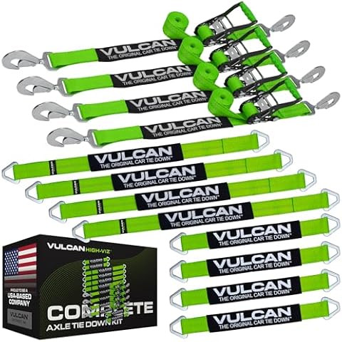 VULCAN Complete Axle Strap Tie Down Kit with Snap Hook Ratchet Straps - High-Viz - Includes (4) 22 Inch Axle Straps, (4) 36 Inch Axle Straps, and (4) 8' Snap Hook Ratchet Straps Cover