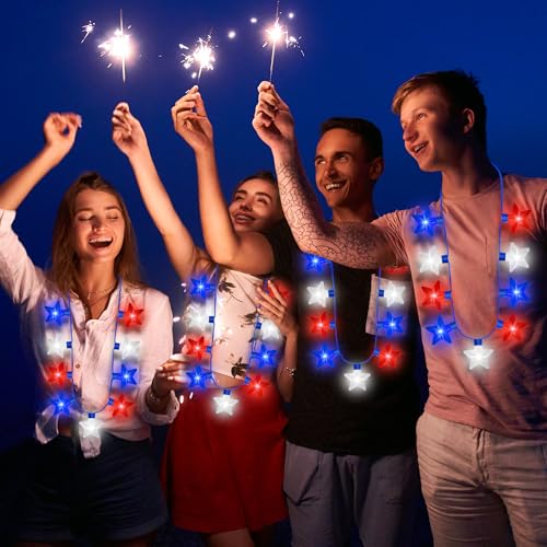 Image of EOBOH 4th of July Light up Necklace, 12PCS Glow Independence Day Necklaces Party Favor, Red White Blue Patriotic Fourth of July 9 Bulbs Necklace, Glow Accessories for Memorial Day Veterans Parades