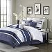Madison Park Blaire King Size Bed Comforter Set Bed in A Bag - Navy, Stripe - 7 Pieces Bedding Sets - Faux Silk Bedroom Comforters