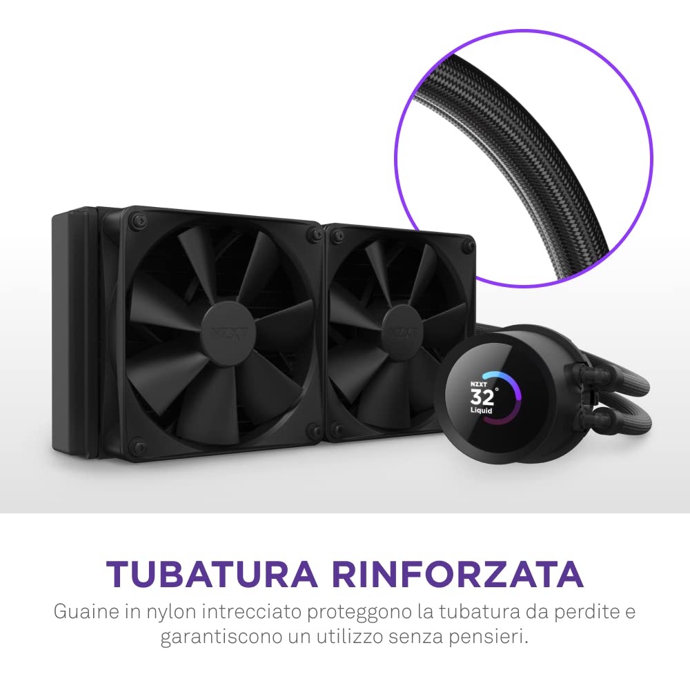 NZXT Kraken 240 - RL-KN240-B1 - Raffreddamento a liquido CPU AIO 240 mm - Display LCD quadrato da 1,54" personalizzabile - 2 ventole F120P - Nero