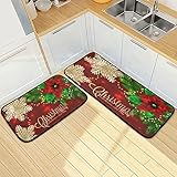 ALAZA Christmas Poinsettia Flower Snowflake Non Slip Kitchen Floor Mat Set of 2 Piece Kitchen Rug 47