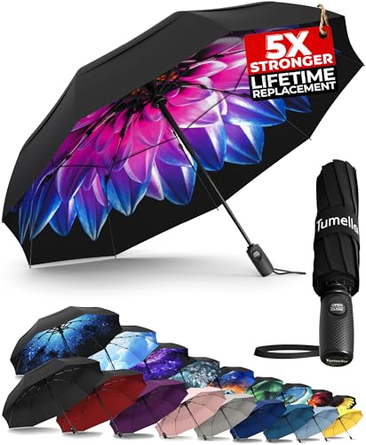 Image of TUMELLA Strongest Windproof Travel Umbrella (Compact, 100MPH Wind-Tested), Light, Portable, One-Handed Use, Automatic Folding Rain Umbrella, Durable, Premium Grip, Fits Car & Backpack