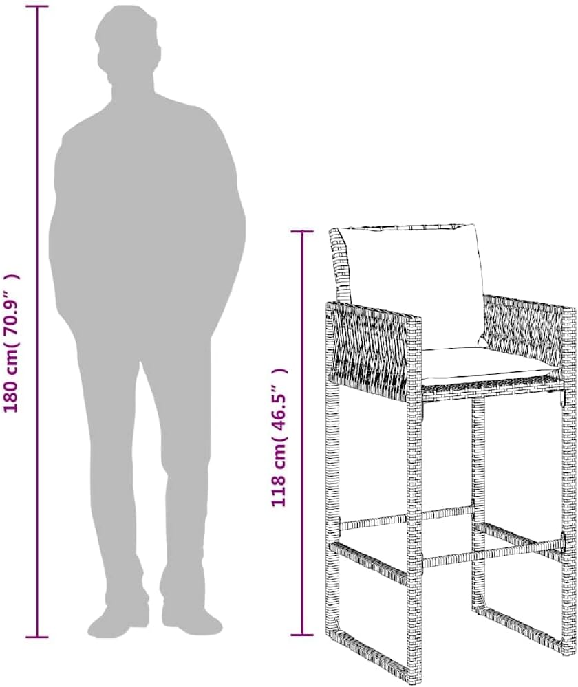 vidaXL Garden Bar Stool Grey PE Rattan, Powder-Coated Steel, 100% Polyester