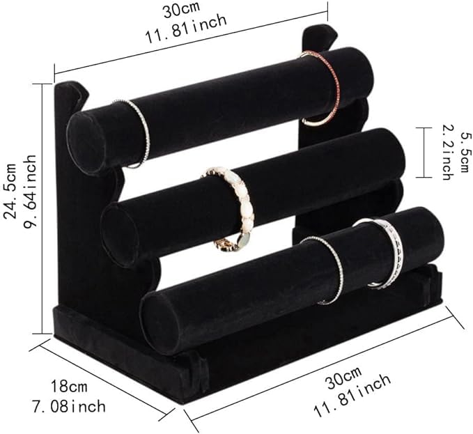Image of Velvet 3 Roll Velvet Black Finished Wooden Jewellery Display Stand