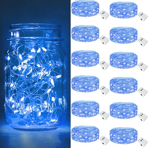 Image of btfarm 12 Pack Fairy Lights Battery Operated [3 Modes], 7ft 20 Led Twinkle Lights String Lights Waterproof Bulk Small Mini Silver Wire for Mason Jars Vases Wedding Table Centerpiece, Blue