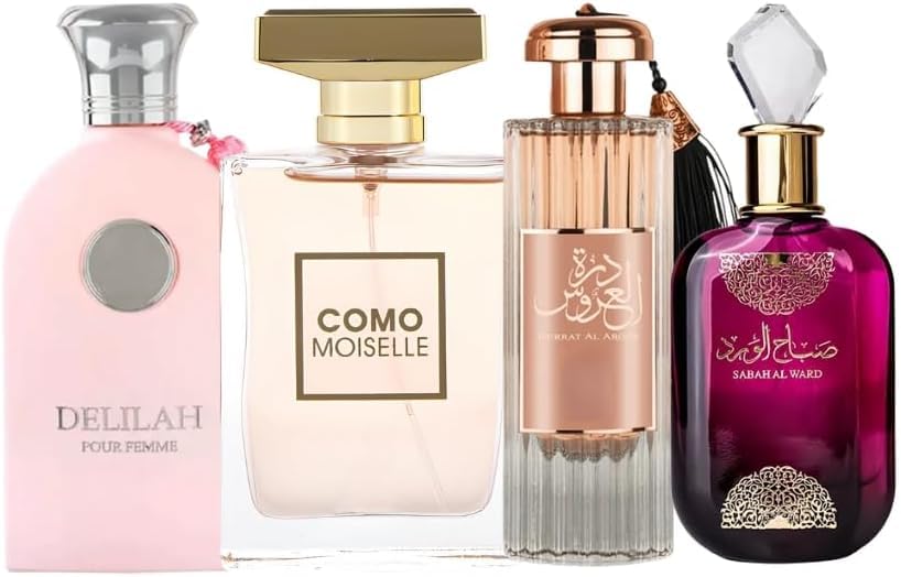Kit 4 Perfumes Árabes Femininos Delilah, Moiselle, Durrat & Sabah - Inspirados - Alta Fixação e Duração | Refil Frasco PET 60ml