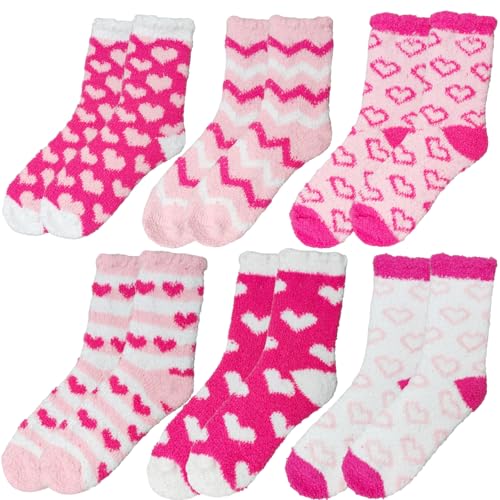 Image of Chiclinco 6 Pairs Heart Fuzzy Socks Cozy Winter Warm Socks Thick Fluffy Slipper Socks for Women Teen Girls