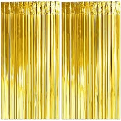 Cortina Dorada Decoracion Nochevieja 2024, 2 Cortinas Metálicas Oro, Cortina de Lámina, Oropel Franjas Decoración Fondo para Fiesta de Cumpleaños Bodas