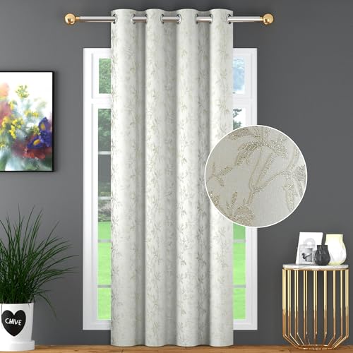Image of FRESH FROM LOOM Heavy Jari Jacquard Premium Luxury Light Blocking 80% Room Darkening Curtain 8 Feet Long Door & Window | Semi Blackout Floral | Eyelet Ring | Anti-Shrink Parda(8feet, Cream, 1pc only)