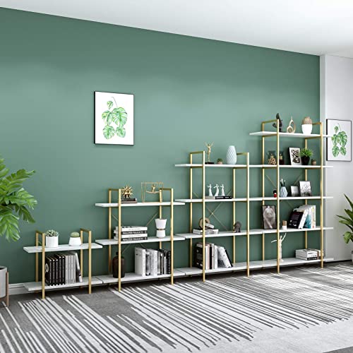 Iotxy 2-Tier Open Shelf Bookcase - Modern Freestanding Wooden Display Stand Unit With Metal Frame For Home And Office, Bookshelf, Gold White #TOP5