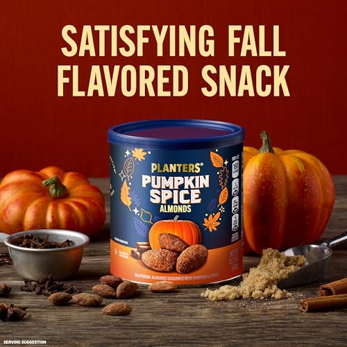 Image of PLANTERS Fall Edition Pumpkin Spice Almonds, Pumpkin Spice Snacks, Cooking & Baking Nuts & Seeds, Flavored Almonds, Seasonal Nuts, Fall Party Snacks, Plant-Based Protein, 15.25 oz Canister (Pack of 2)