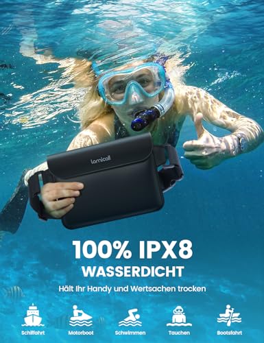 Lamicall wasserdichte Tasche, Wasserfester Beutel - [2 Stück] wasserdichte Bauchtasche mit einstellbarem Band, IPX8 Waterproof Bag für Wassersport, Schwimmen, Strand, Bootsfahrten - Schwarz