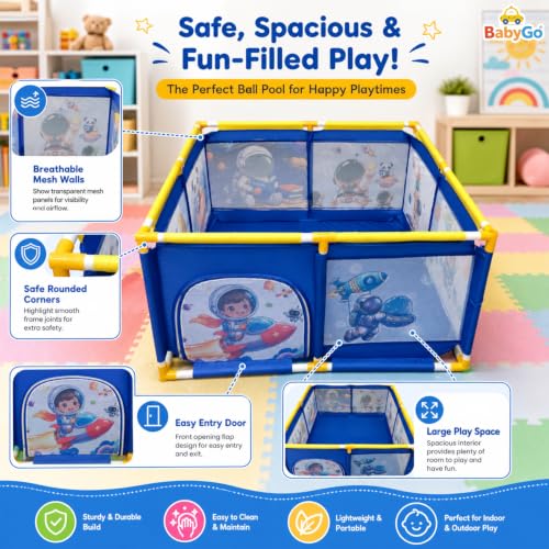 Image of BabyGo Jumbo Size Space Theme Ball Pool for Kids | Indoor and Outdoor Playpen with Safety Fence and Zipper Door | Blue | 101 x 101 x 64 cm | (Balls Not Included)